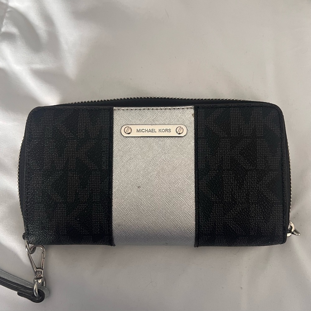 Michael Kors Black Monogram Zip Around Wallet Wristlet